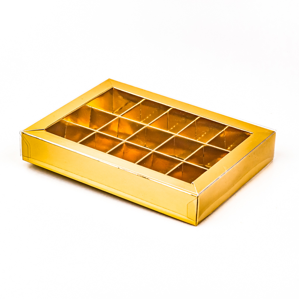 Gold  window box with interior for 15 chocolates - 175*120*33 mm - 50 pieces