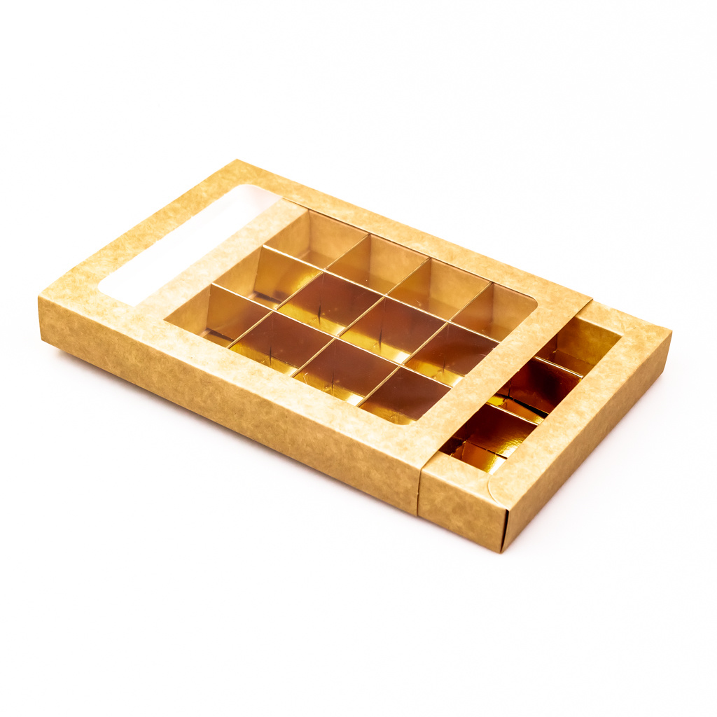 Kraft window box with interior for 15 chocolates with sleeve - 175*120*27mm - 50 pieces