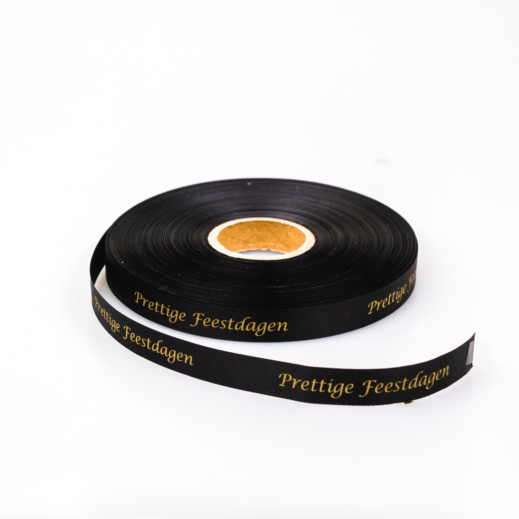 Single satin Lint "Prettige feestdagen" - Zwart  - 15 mm - 100 m