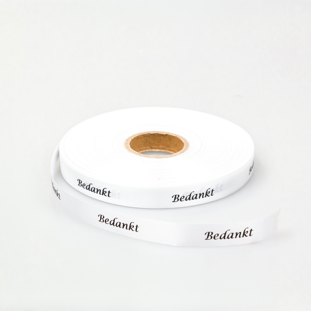 Single satin "Bedankt" Ribbon - White - 15 mm - 100 m