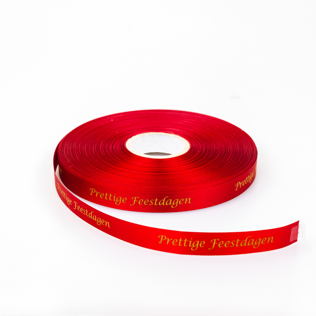 Single satin "Prettige feestdagen" Band - Rot    - 15 mm - 100 m