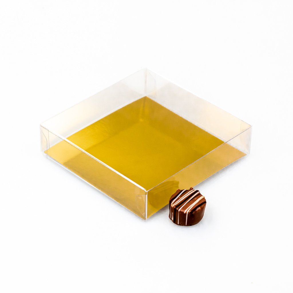 Caja transparantes con cartón oro - 120 * 120 * 30 mm  - 100 unidades