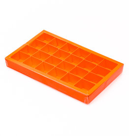Orange square window box with interior for 24 chocolates