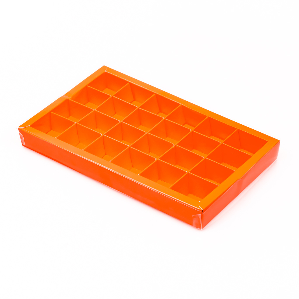 Orange square window box with interior for 24 chocolates - 240*140*25 mm - 18 pieces