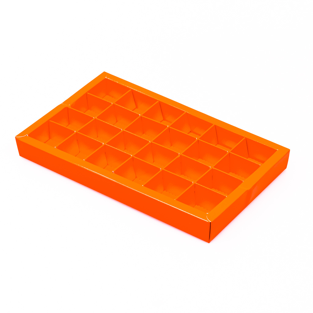 Orange square window box with interior for 24 chocolates - 240*140*25 mm - 18 pieces