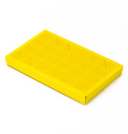 Yellow square window box with interior for 24 chocolates