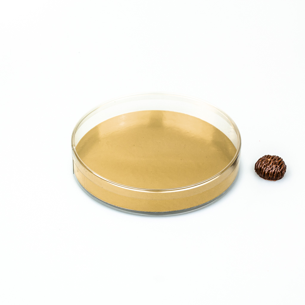 Transparant PVC round boxes with gold carton  - ø 21 cm - 3 cm  - 12 pieces