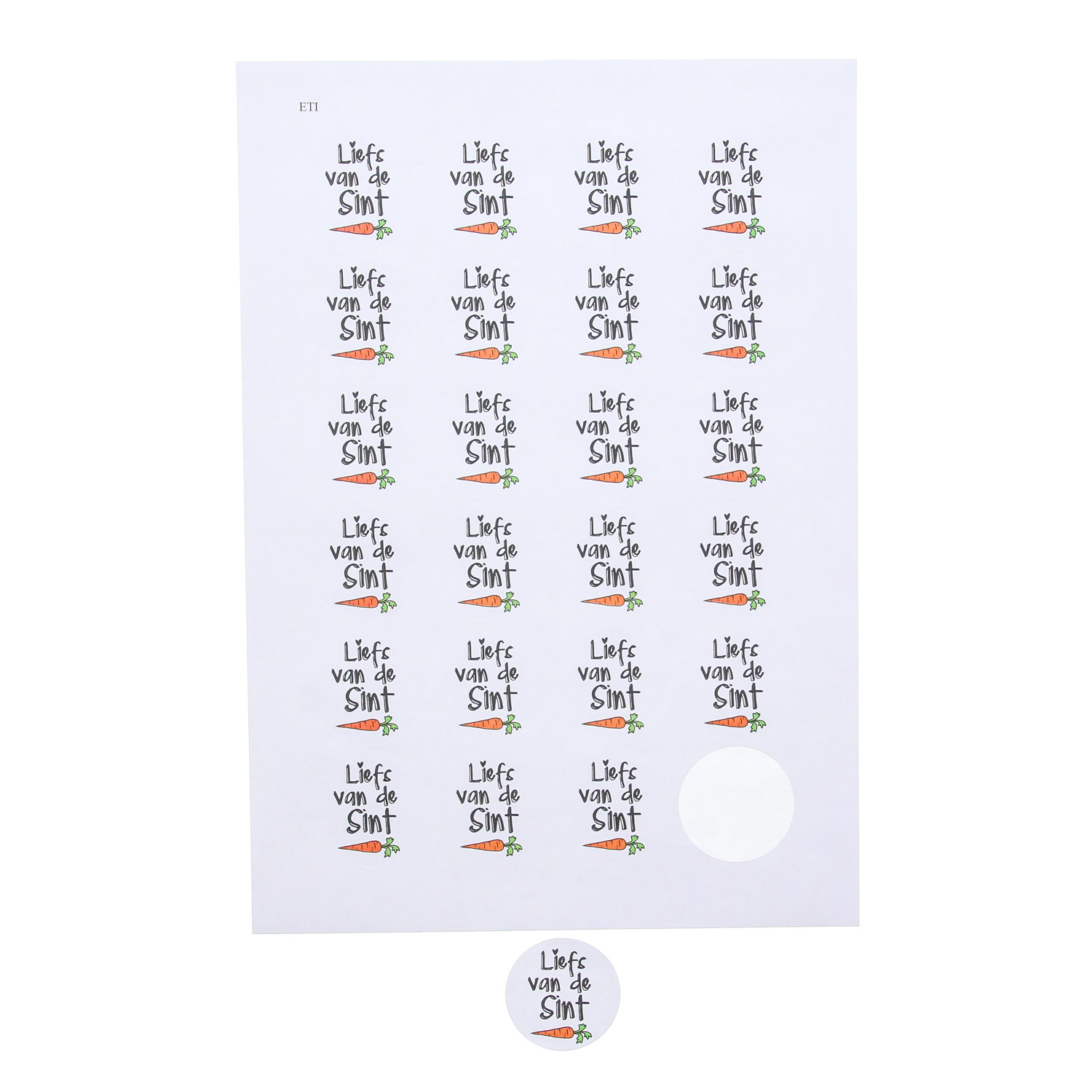 Stickers "liefs van de sint" met wortel  4 cm - 5 vellen a 24 stickers