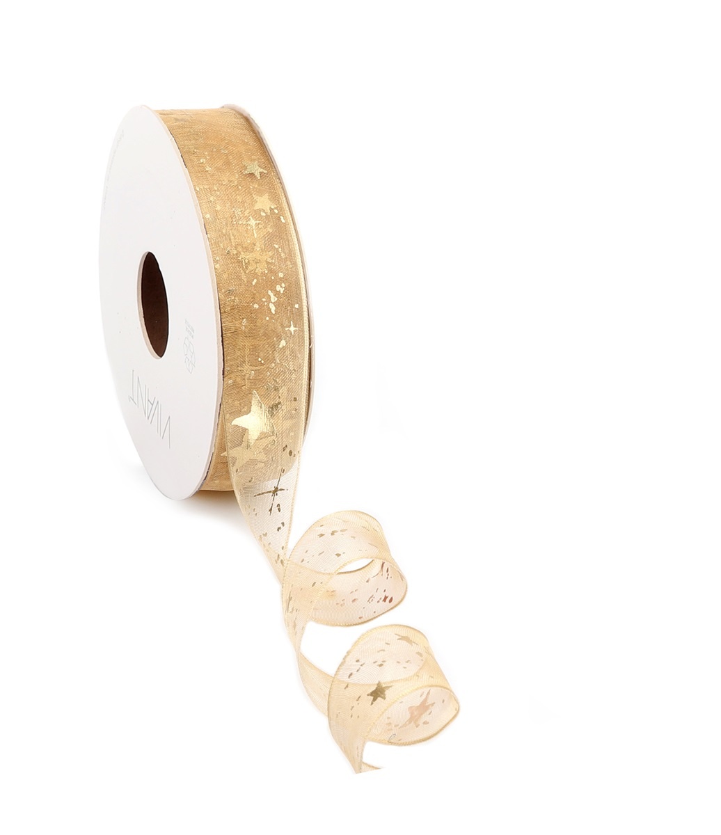 Galaxy goud organza lint met gouden sterren - 25mm-15m