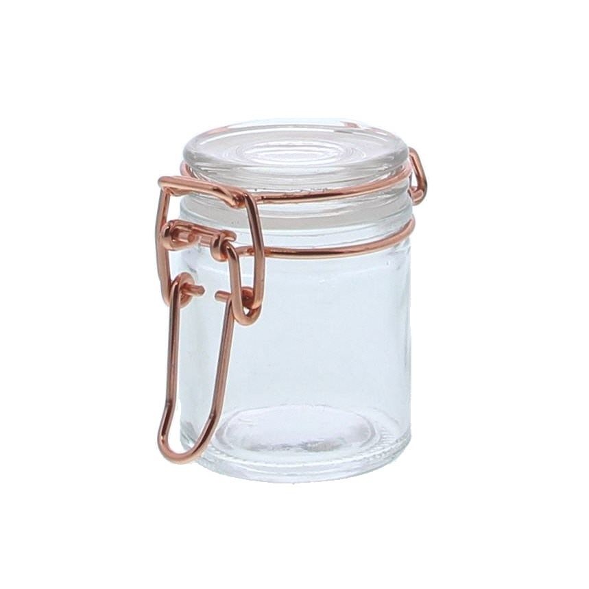 Glazen pot met koperkleurige ijzersluiting mini