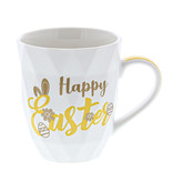 "Happy Easter" mok geel / goud  - 120*86*103 mm  - 12 stuks