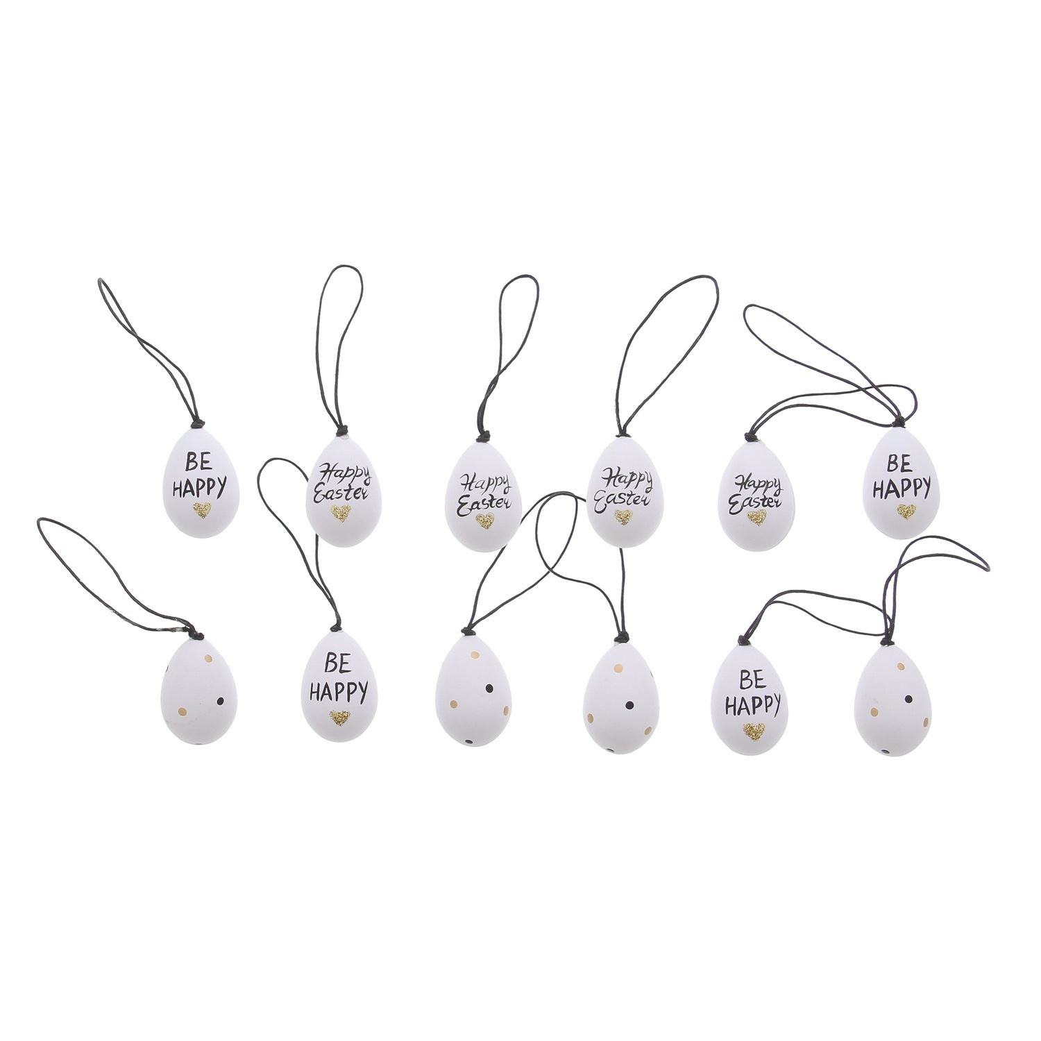 Oeuf suspendu 4 cm Happy Easter "Be Happy" blanc-noir-or 72 pièce