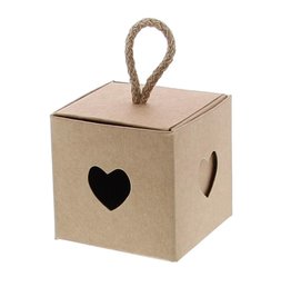 "Avana" Hearts insertion cube with cord (kraft) - 80*80*80mm