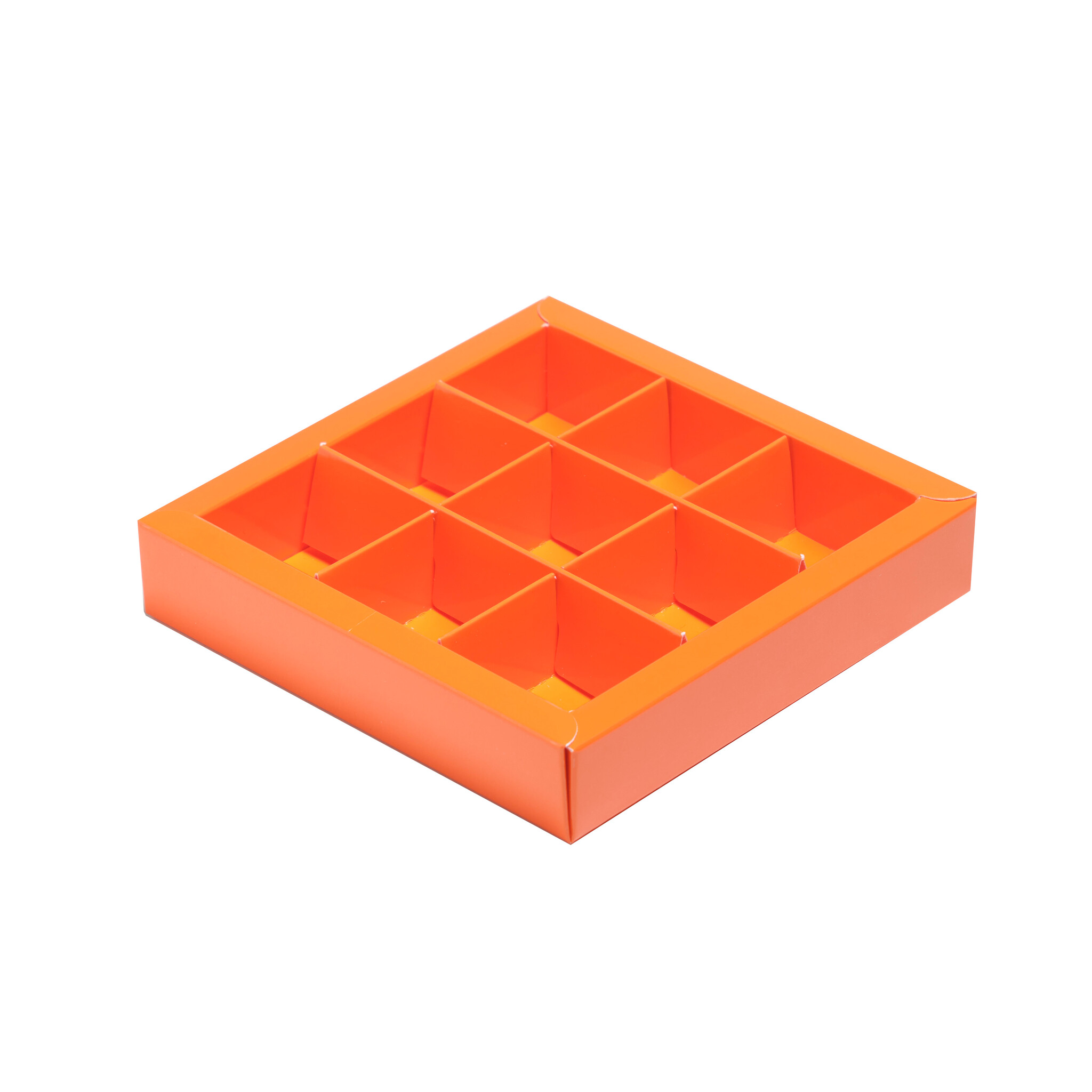 Boîte orange carré avec interiéur pour 9 pralines - 115*115*25mm - 40 pièces