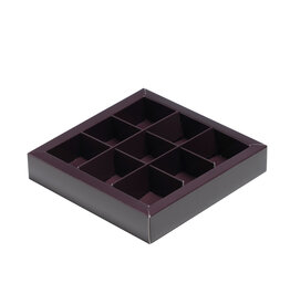 Brown square window box with interior for 9 chocolates