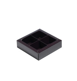 Brown square window box with interior for 4 chocolates