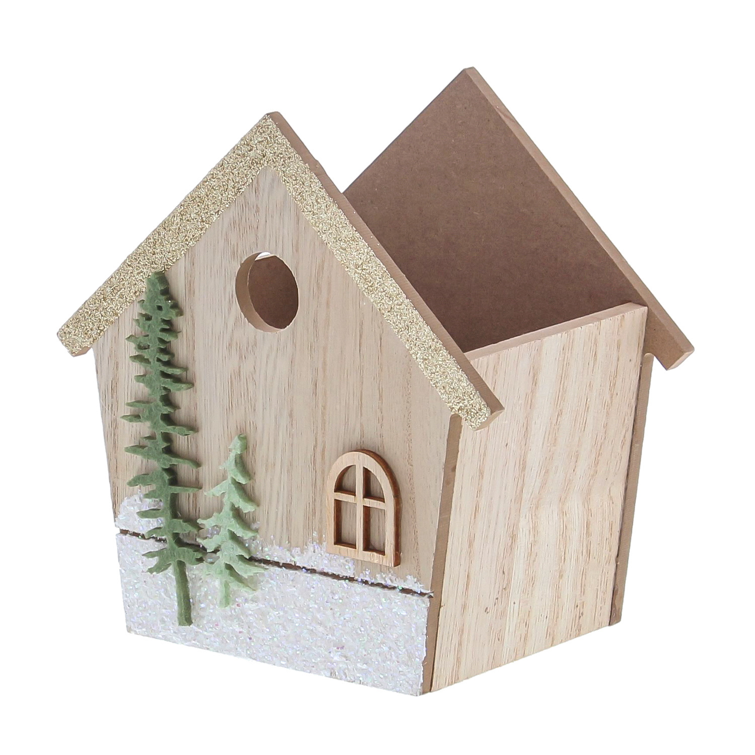 Wooden box house with 2 fir trees 140*85*140 mm - 4 pieces
