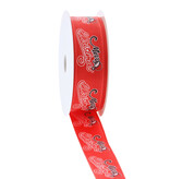 Band mit Draht Santa Belly „Frohe Weihnachten“ rot - 25mmx20m