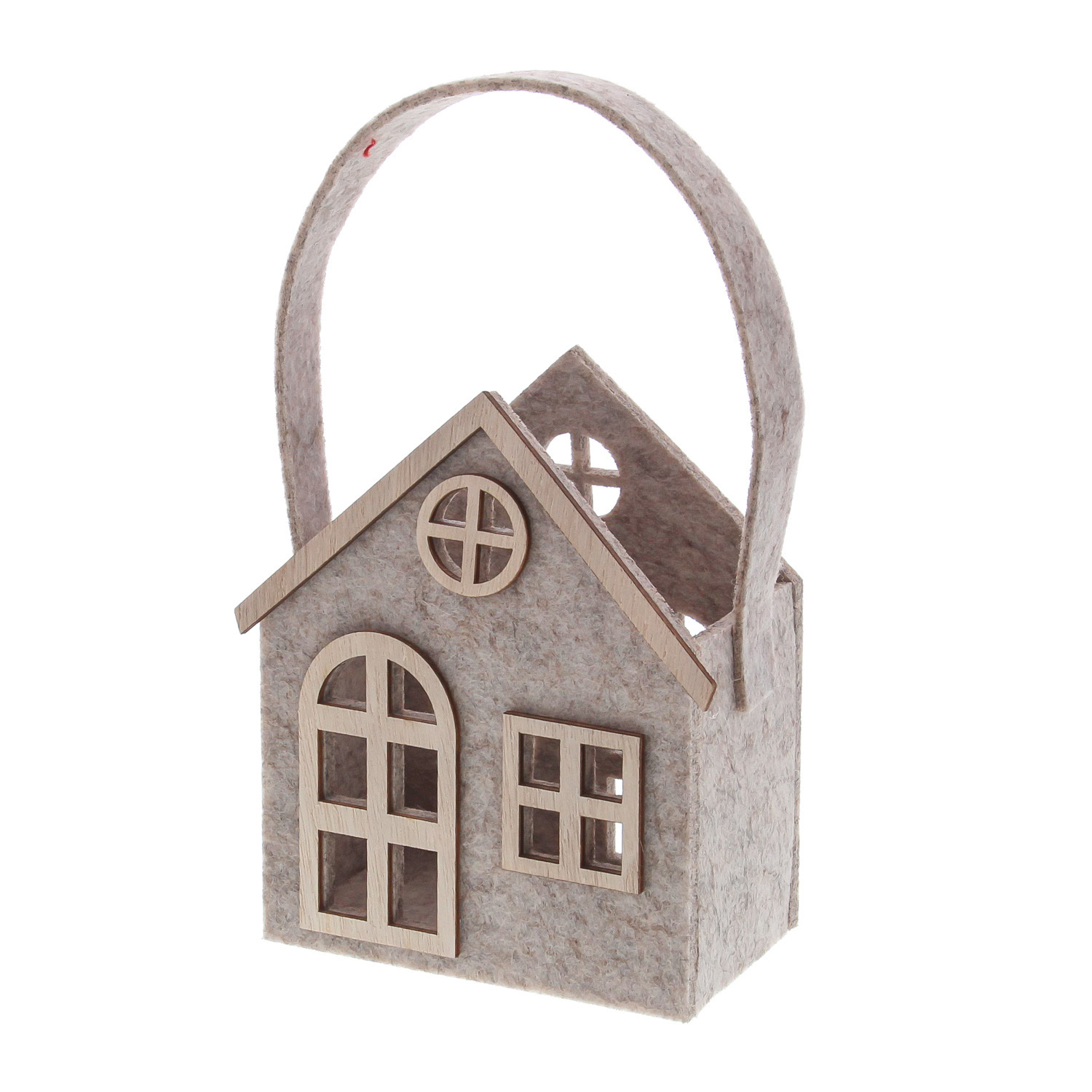 Felt house basket with handle beige / wood finish - 140*80*240mm - 6 pieces