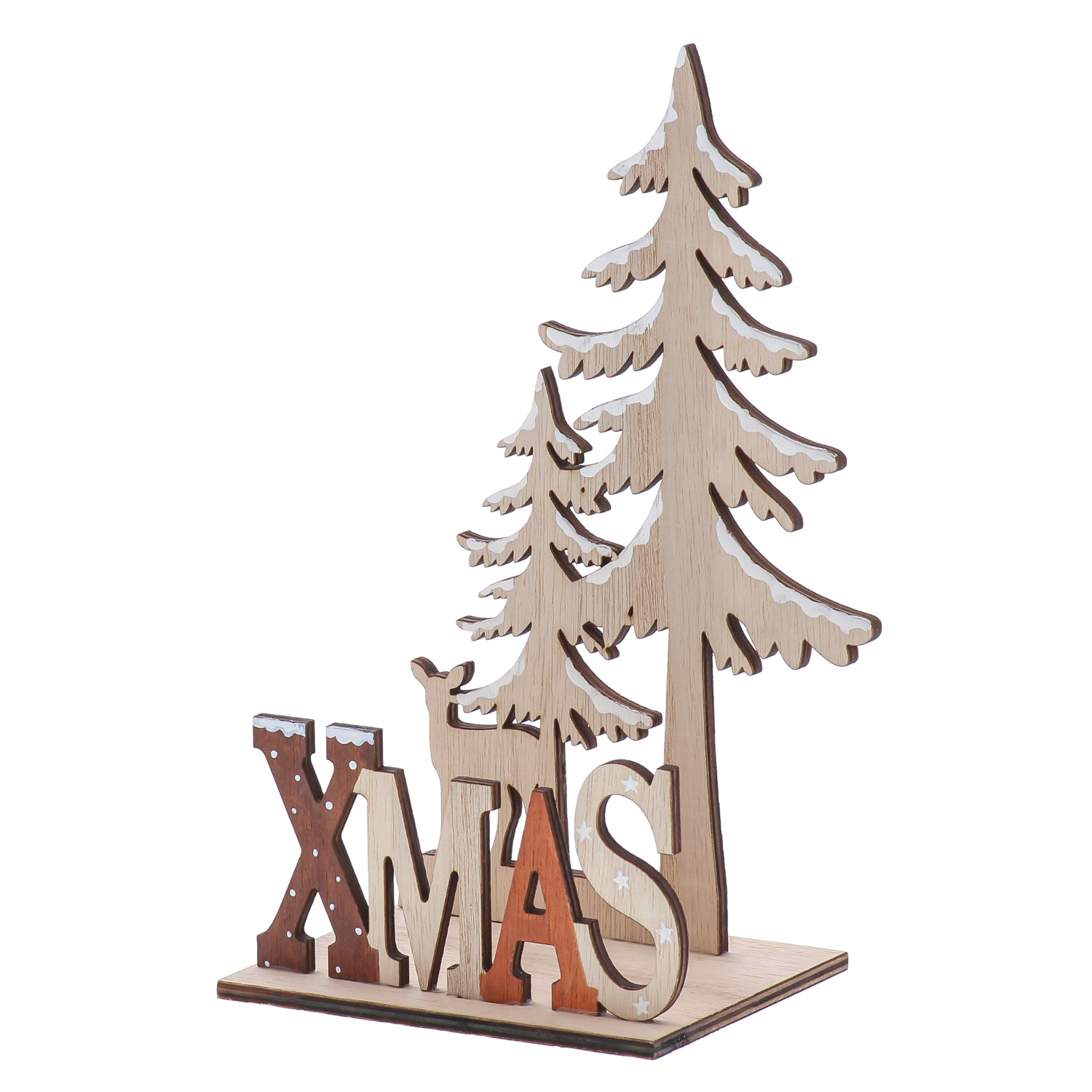 "XMAS" kersttafereel tekst-bomen-hertje bruin - 140*100*230 mm - 4 stuks