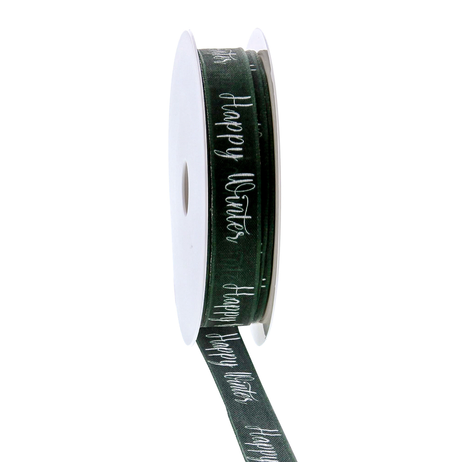 Ribbon with wire  "Happy Winter" text dark green - 15mm x 20m