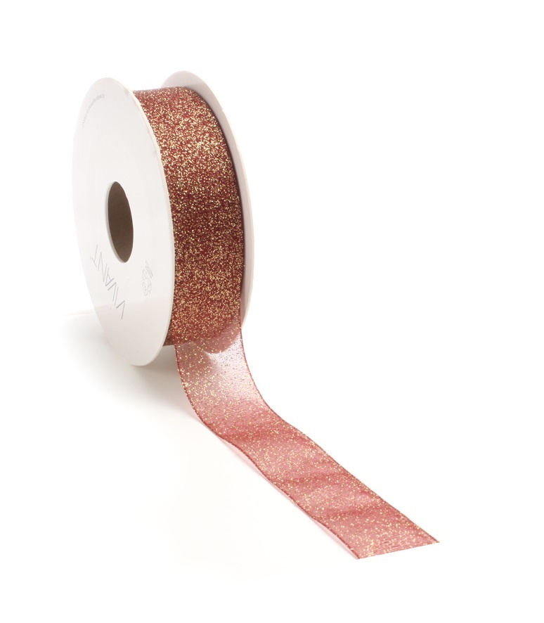 Brilliante lint bordeaux met gouden glitters -  25 mm x 15 m