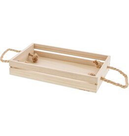 Rechthoekige houten  bak met handvat van touw
