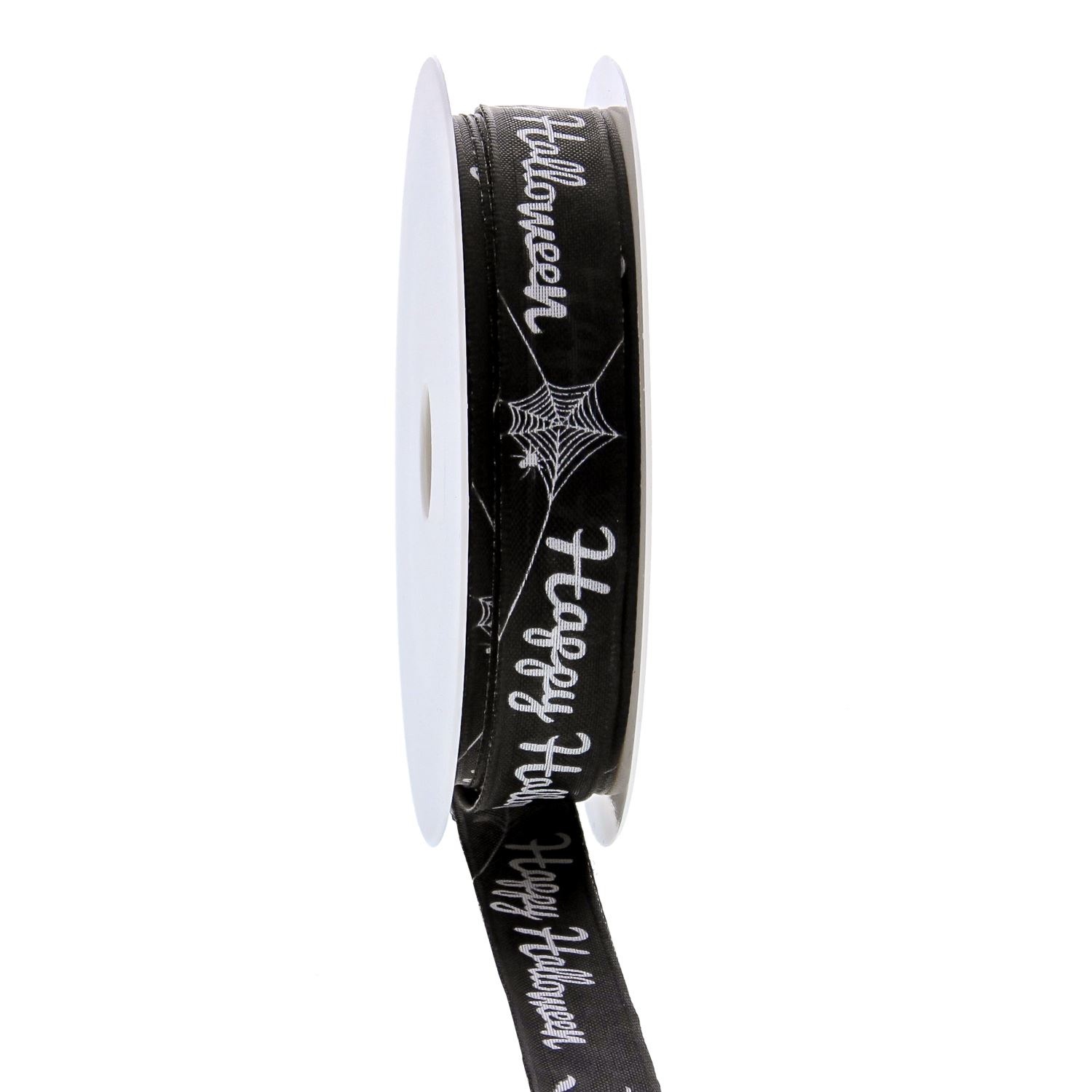 Ribbon with iron wire scene "Happy Halloween" - black - 15mm x 20m