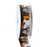 Ribbon with wire scene "Happy Halloween" - black / orange - 25mm x 20m