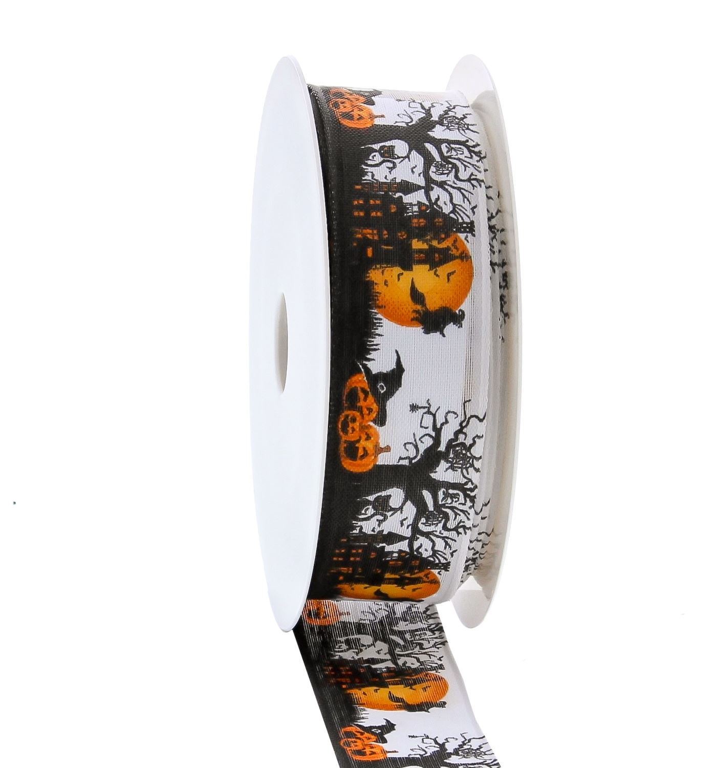Ribbon with wire scene "Happy Halloween" - black / orange - 25mm x 20m