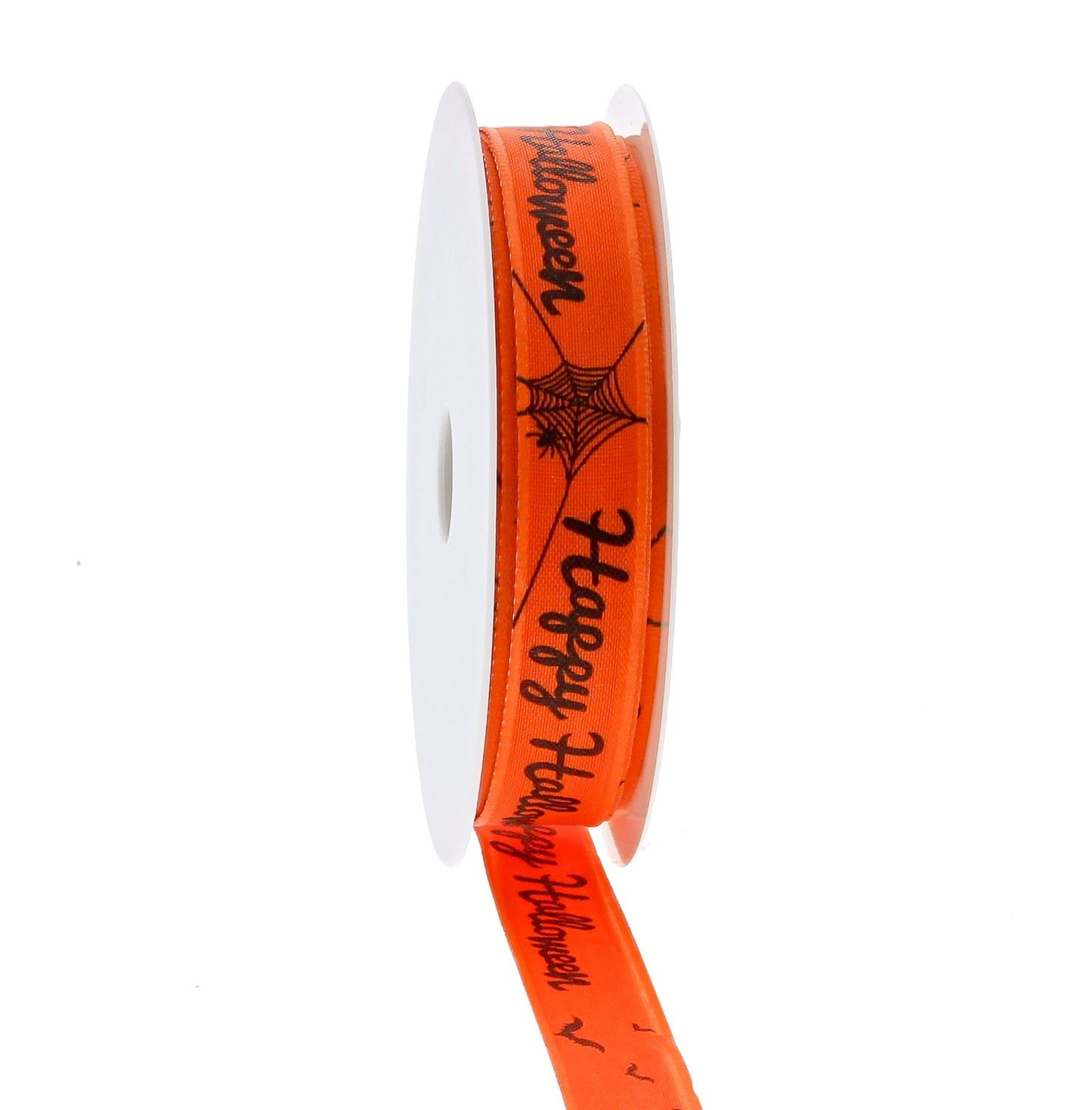 Ribbon with wire scene "Happy Halloween" - orange - 15mm x 20m