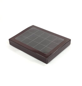 Brown window box with interior for 15 chocolates with sleeve