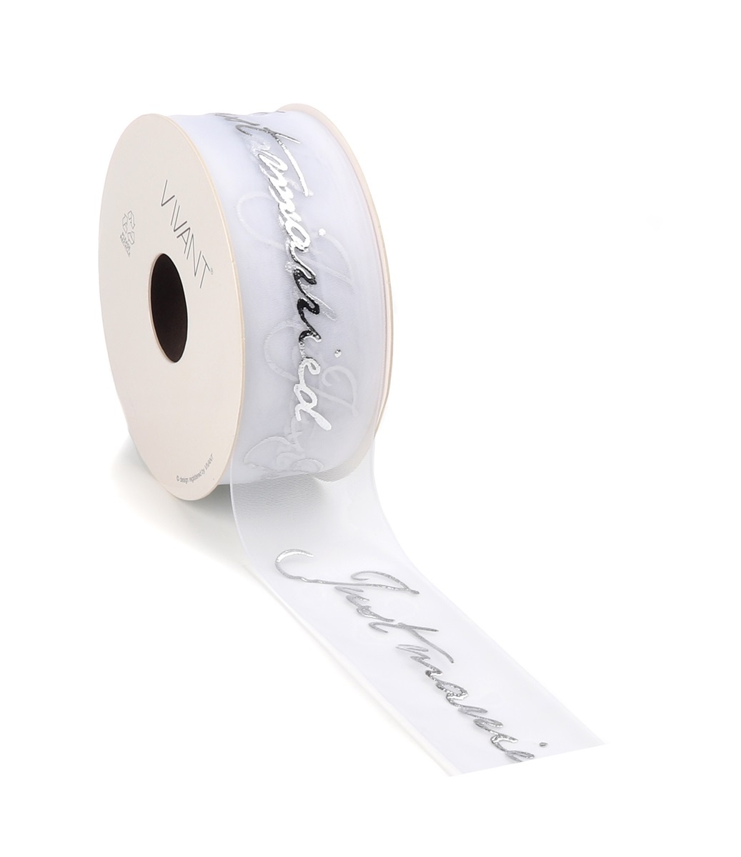 Just Married woven edge Ruban - argent