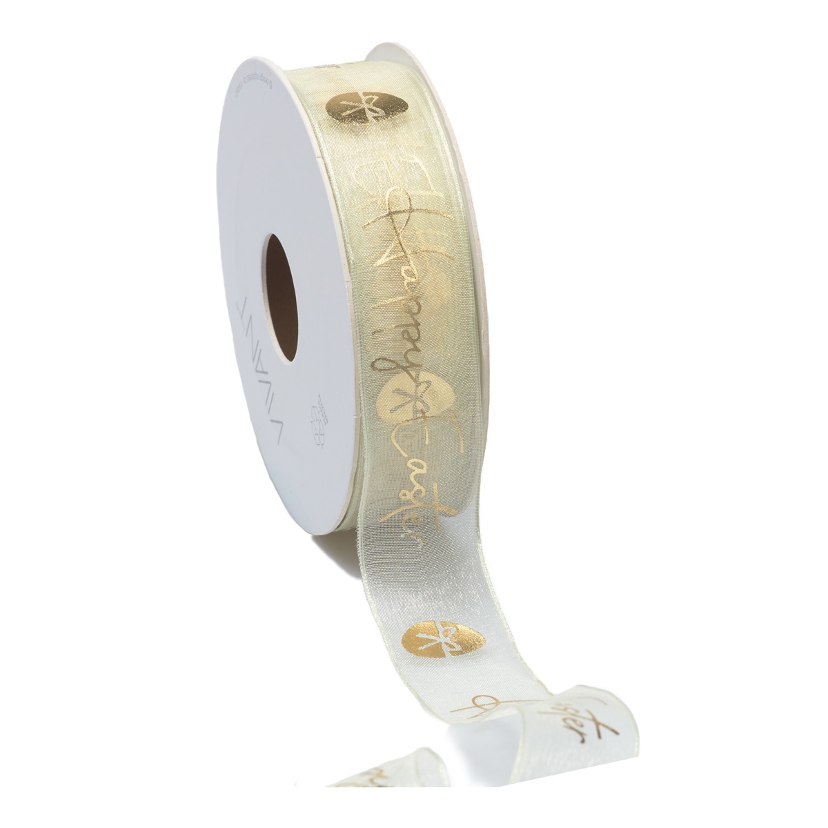 Ruban de Pâques en organza avec fil sable/jaune avec imprimé doré joyeuses Pâques- 25mm*15m