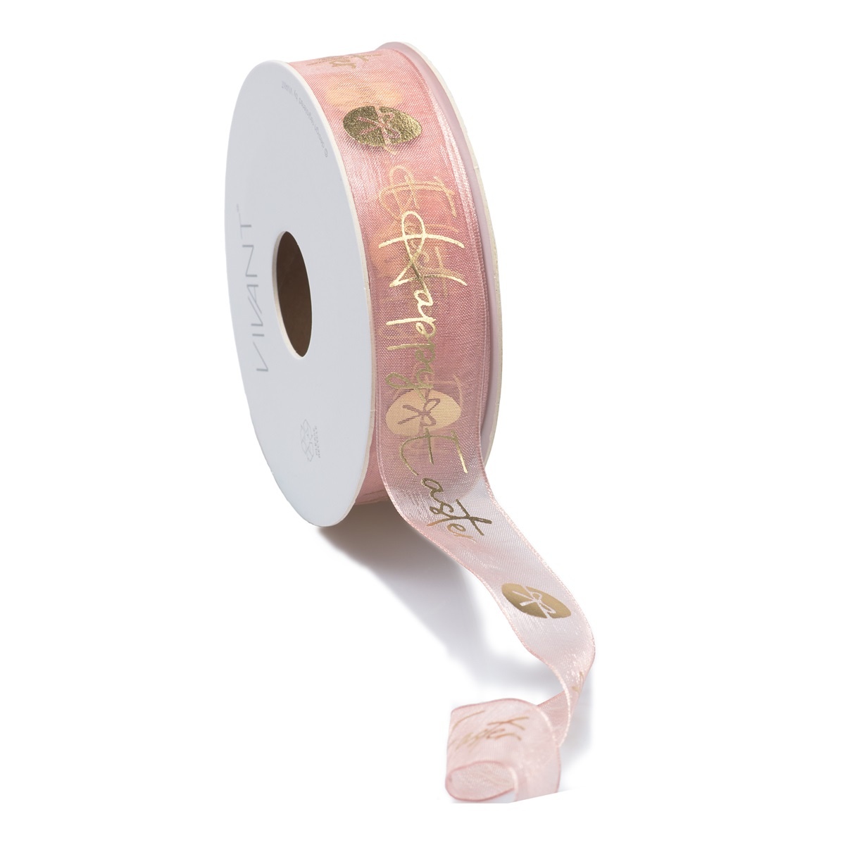 Easter lint organza met draad roze met gouden opdruk happy easter  - 25mm*15m