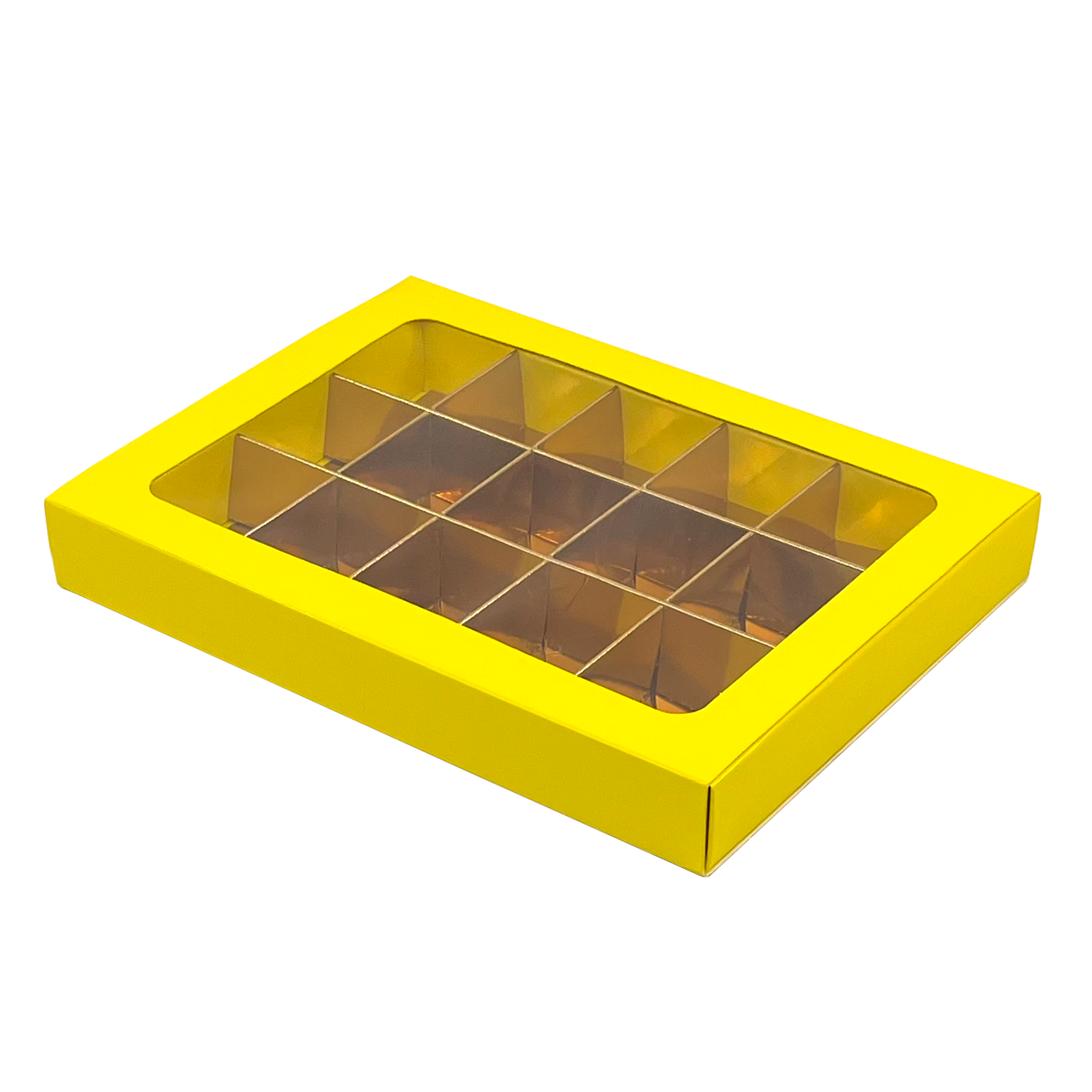 Yellow window box with interior for 15 chocolates - 175*120*27mm - 50 pieces