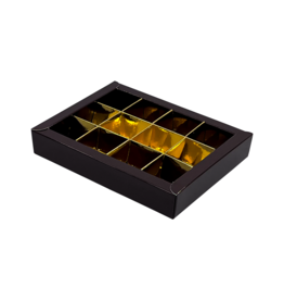 Shiny brown box with interior for 12 chocolates