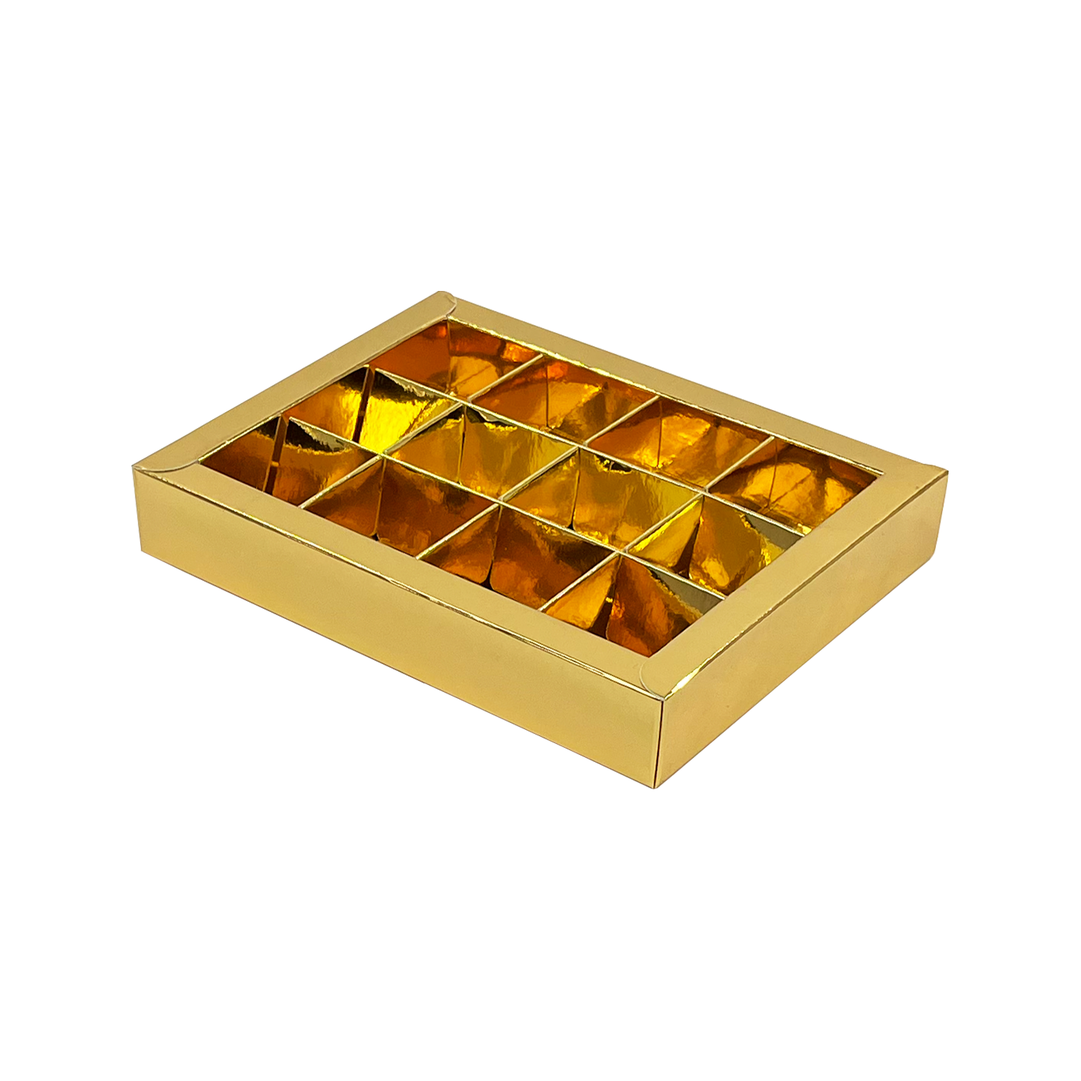 Gold window box with interior for 15 chocolates - 150*110*27mm - 70 pieces