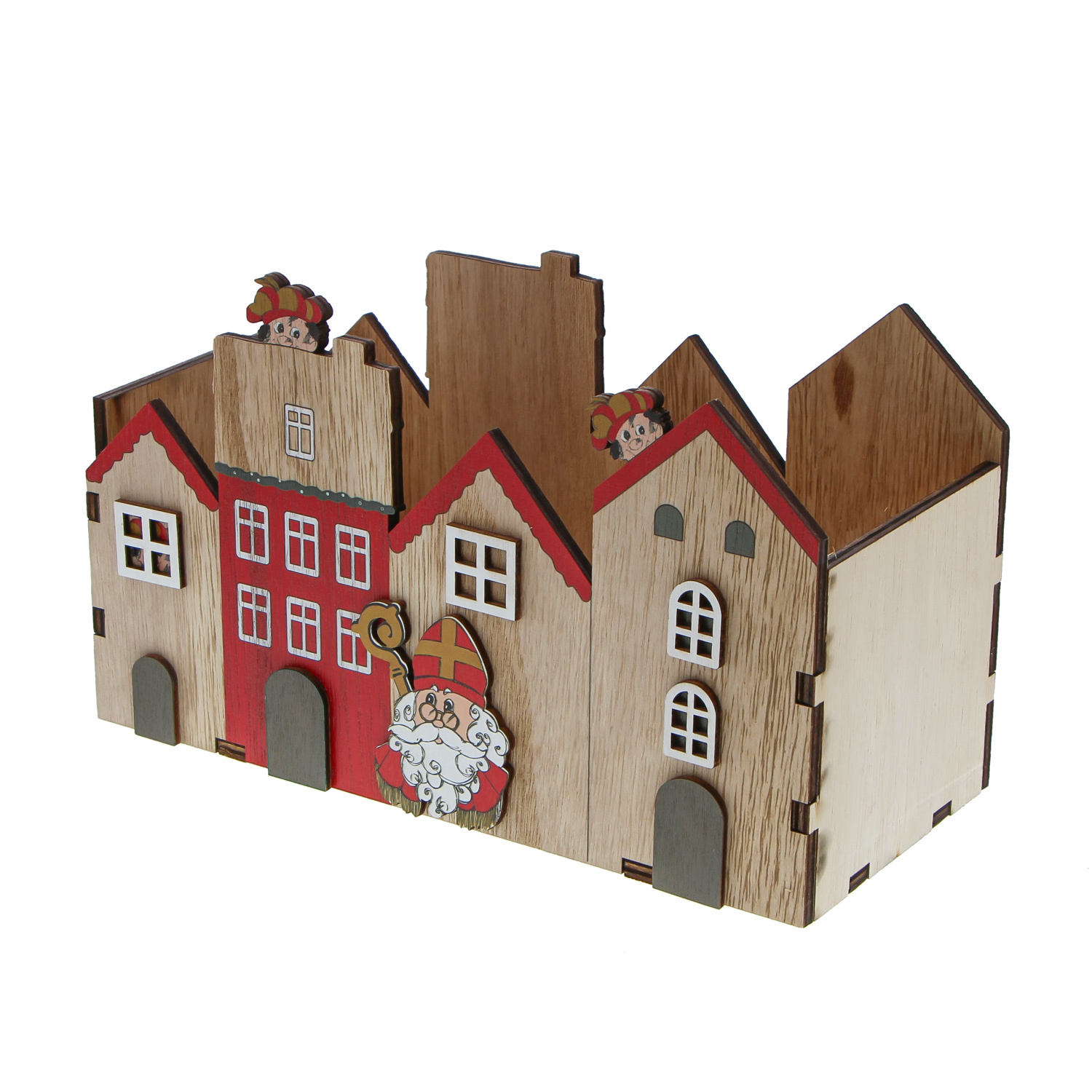 Sint Vintage en Roetpiet bakje rij huizen van hout  - 225*100*137 mm - 4 stuks