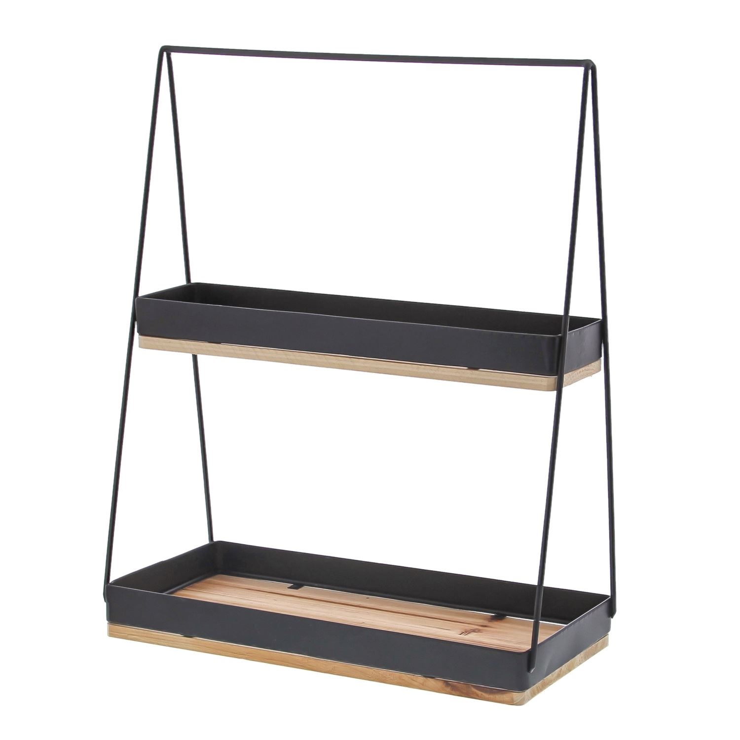 2-trap etagère zwart metaal en naturel hout.