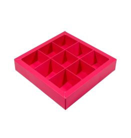 Pink square window box with interior for 9 chocolates