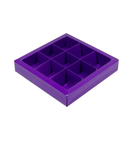 Purple square window box with interior for 9 chocolates