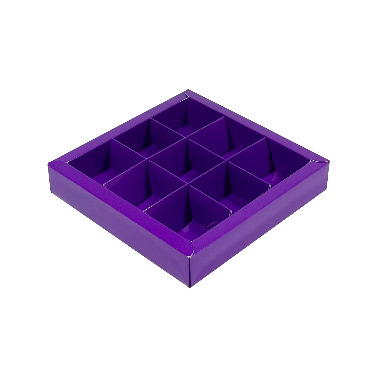 Lila Quadrat Klarsichtschachtel für 9 Pralinen - 115*115*25 mm - 48 Stück