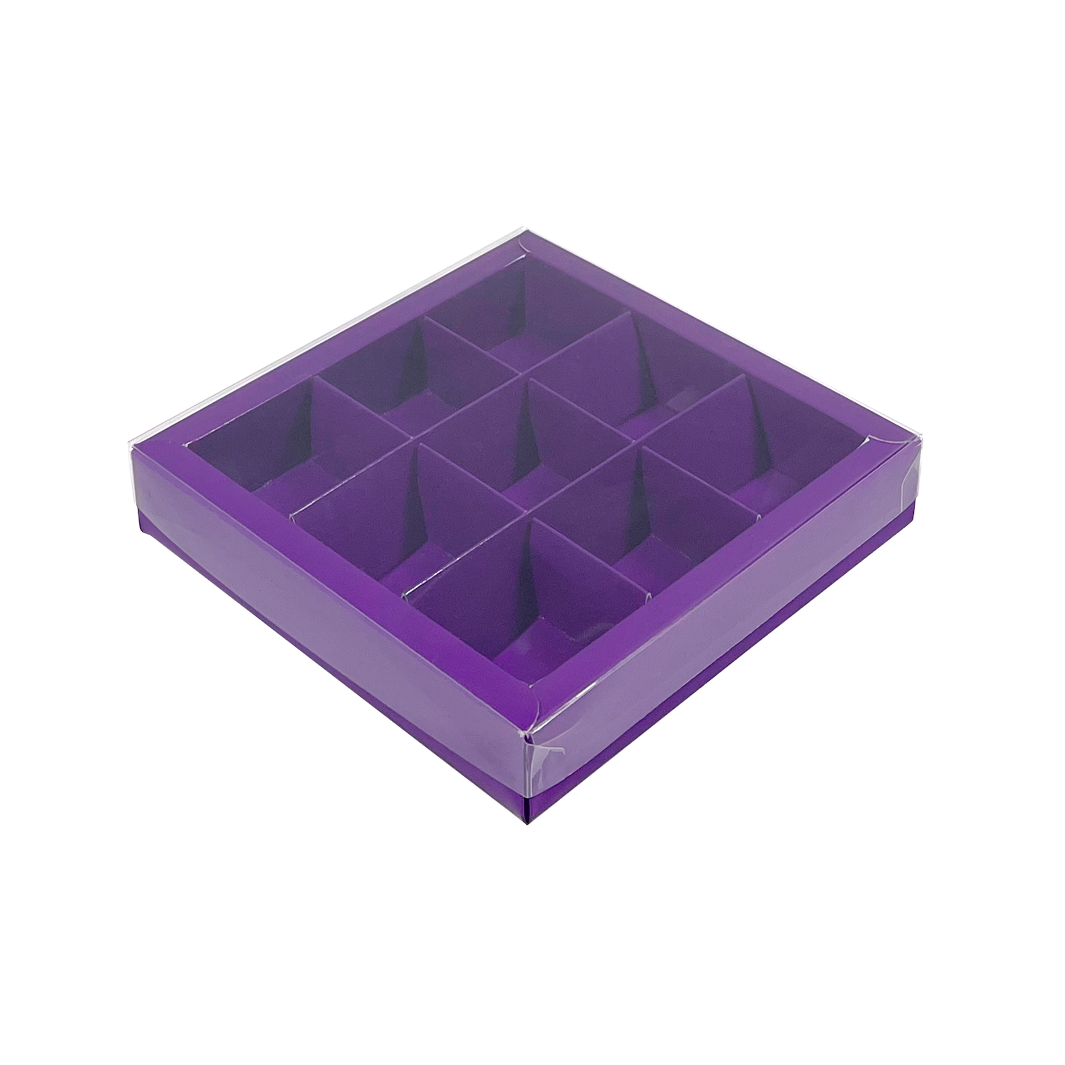 Lila Quadrat Klarsichtschachtel für 9 Pralinen - 115*115*25 mm - 48 Stück