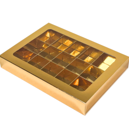 Gold Klarsichtschachtel für 15 Pralinen mit Sleeve