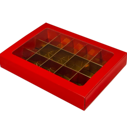 Red window box with interior for 15 chocolates with sleeve