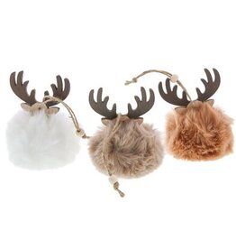Fluff ball with antler pendant in white-beige -taupe.