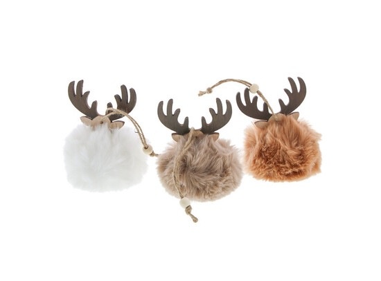 Fluff ball with antler pendant in white-beige -taupe.