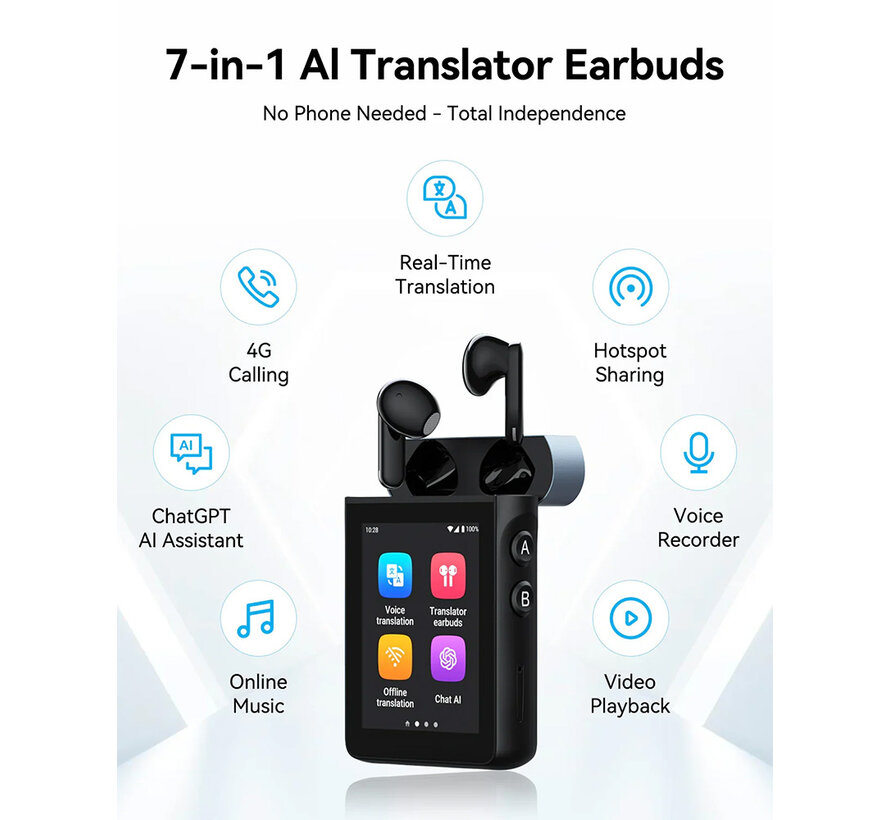 Wooask A9 Translator – Vertaalcomputer (147 talen) + AI‑oordopjes + ChatGPT (4G/WiFi)