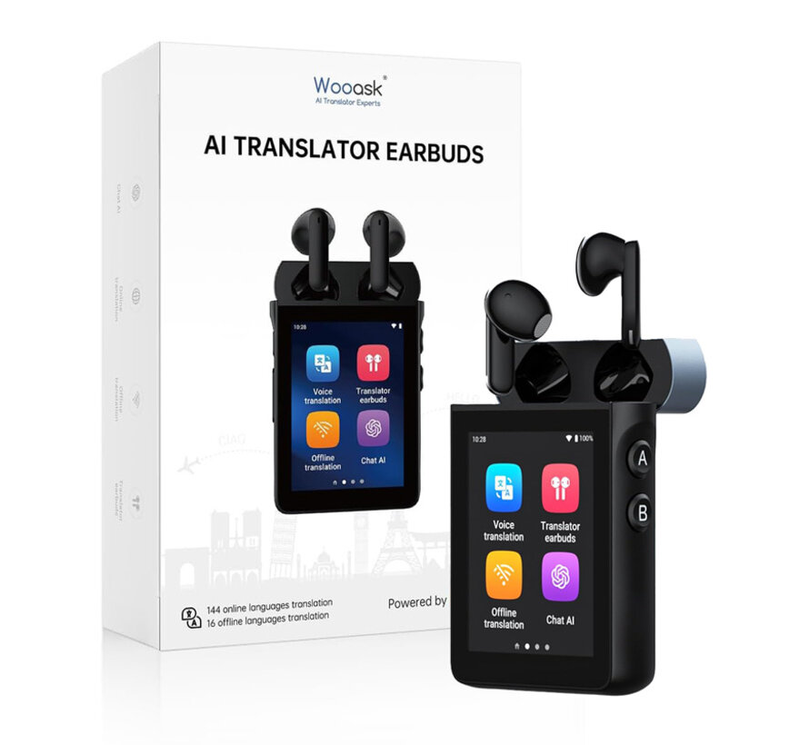 Wooask A9 Translator – Vertaalcomputer (147 talen) + AI‑oordopjes + ChatGPT (4G/WiFi)